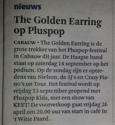 Golden Earring Pluspop festival 2013 Cabauw newspaper aannouncement